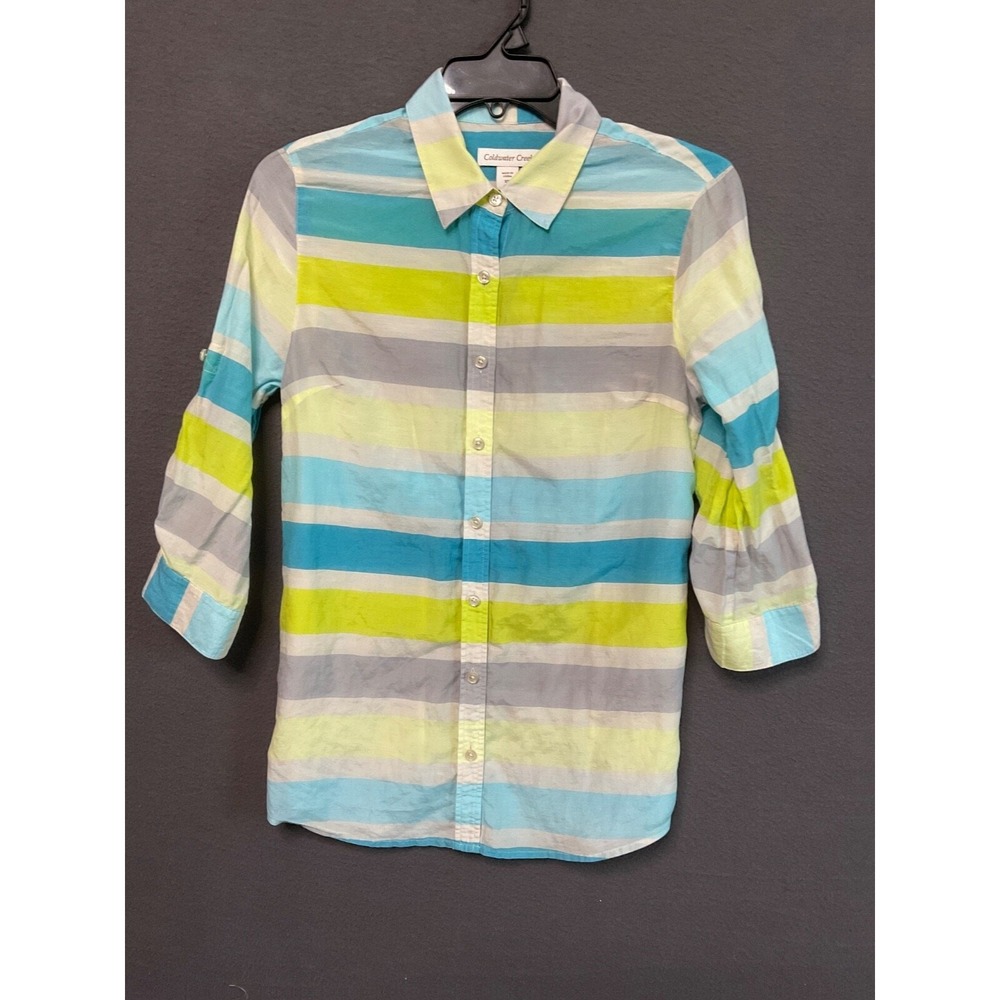 Coldwater Creek XS Button Shirt Striped Cotton Silk Blend 3/4 Sleeve Roll Tab